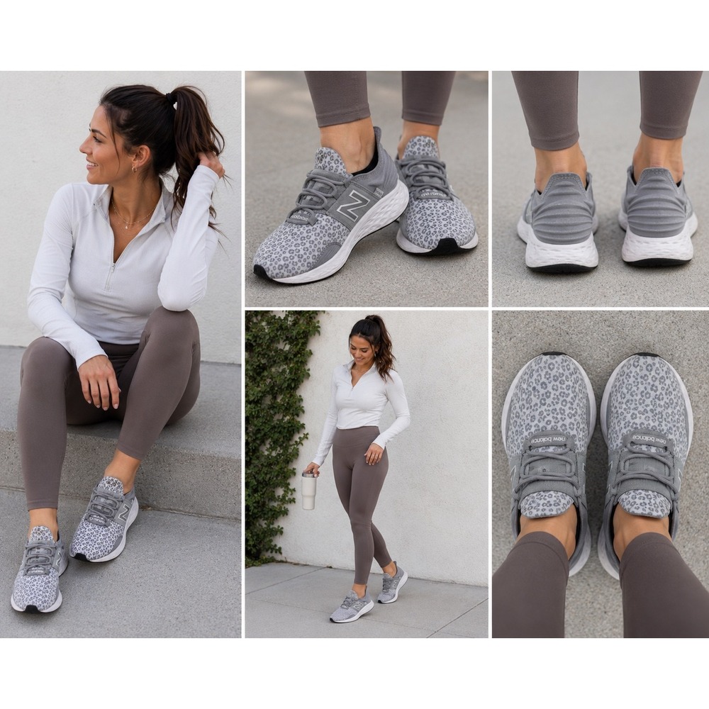 New Balance Fresh Foam Roav Grey Leopard Print Running Shoes WROAVMS Womens 8.5